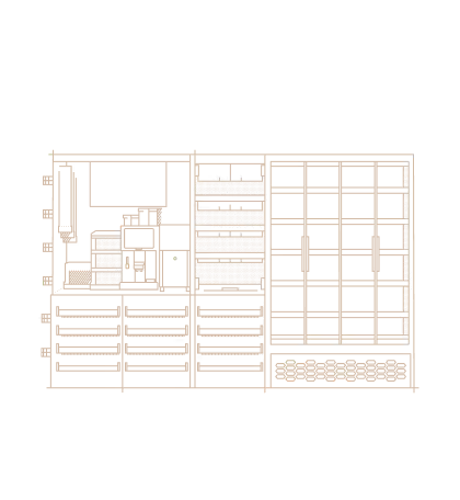 Technical blueprint drawing of a retail display unit with multi-section shelving
