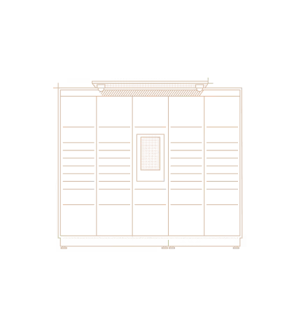 Technical blueprint of a POSM smart locker unit with front panel and compartments