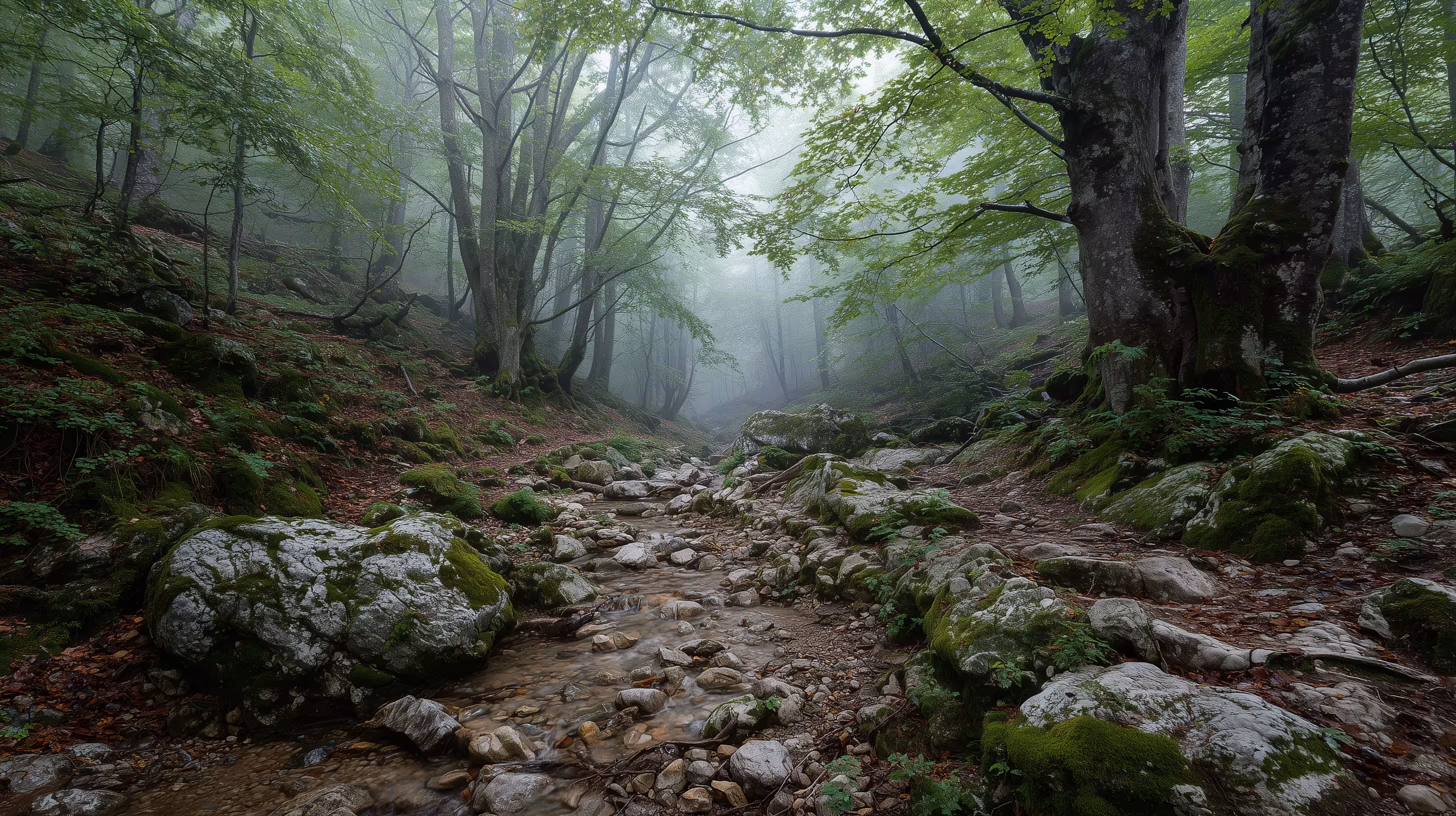 Misty forest scene with a rocky stream flowing through moss-covered stones and tall trees with green leaves.